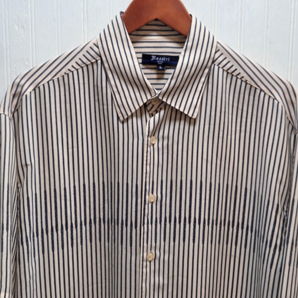 Bassiri Shirt Mens Large Beige Striped Short Sleeve Button Up Relaxed Casual